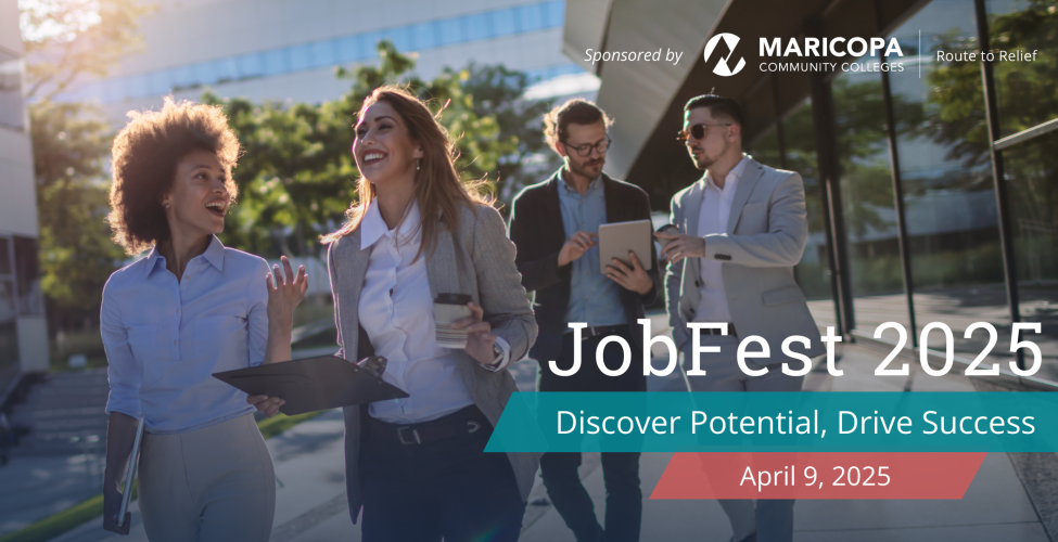 Promotional banner for JobFest 2025 featuring a group of professionals walking outdoors. Text reads 'Discover Potential, Drive Success' with the event date, April 9, 2025.