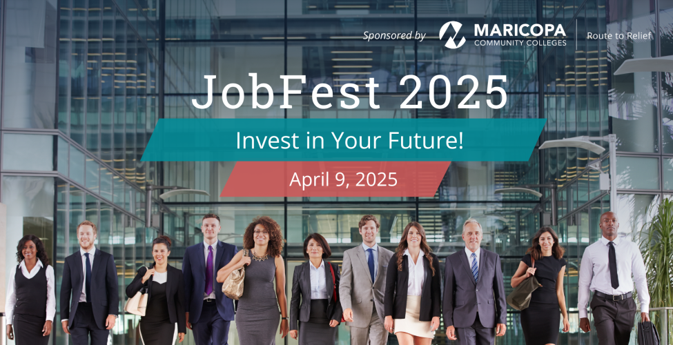 Promotional banner for JobFest 2025 featuring a group of professionals walking in front of a modern glass building. Text reads 'Invest in Your Future!' with the event date, April 9, 2025.