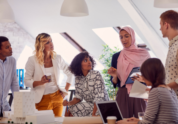 Diverse group of professions communicating in a group