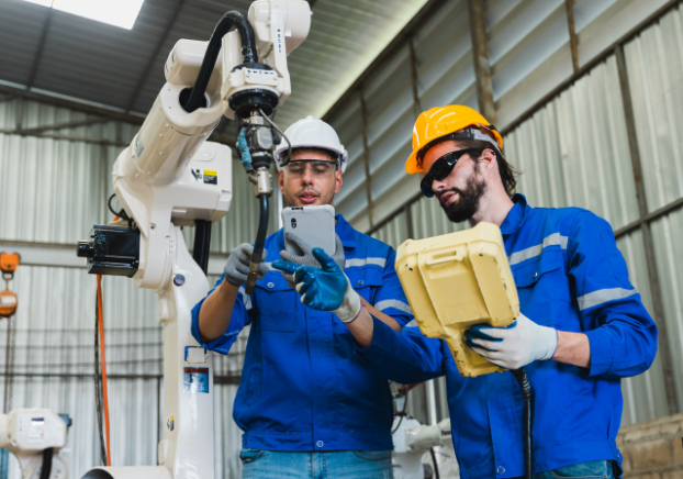 Two manufacturing professionals inspecting piece of machinery