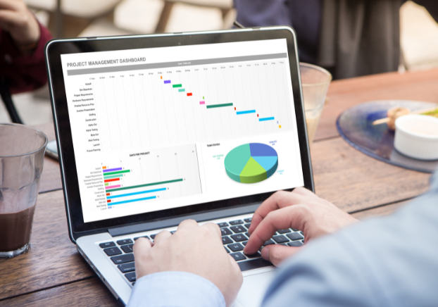 Person working on charts and graphs on laptop